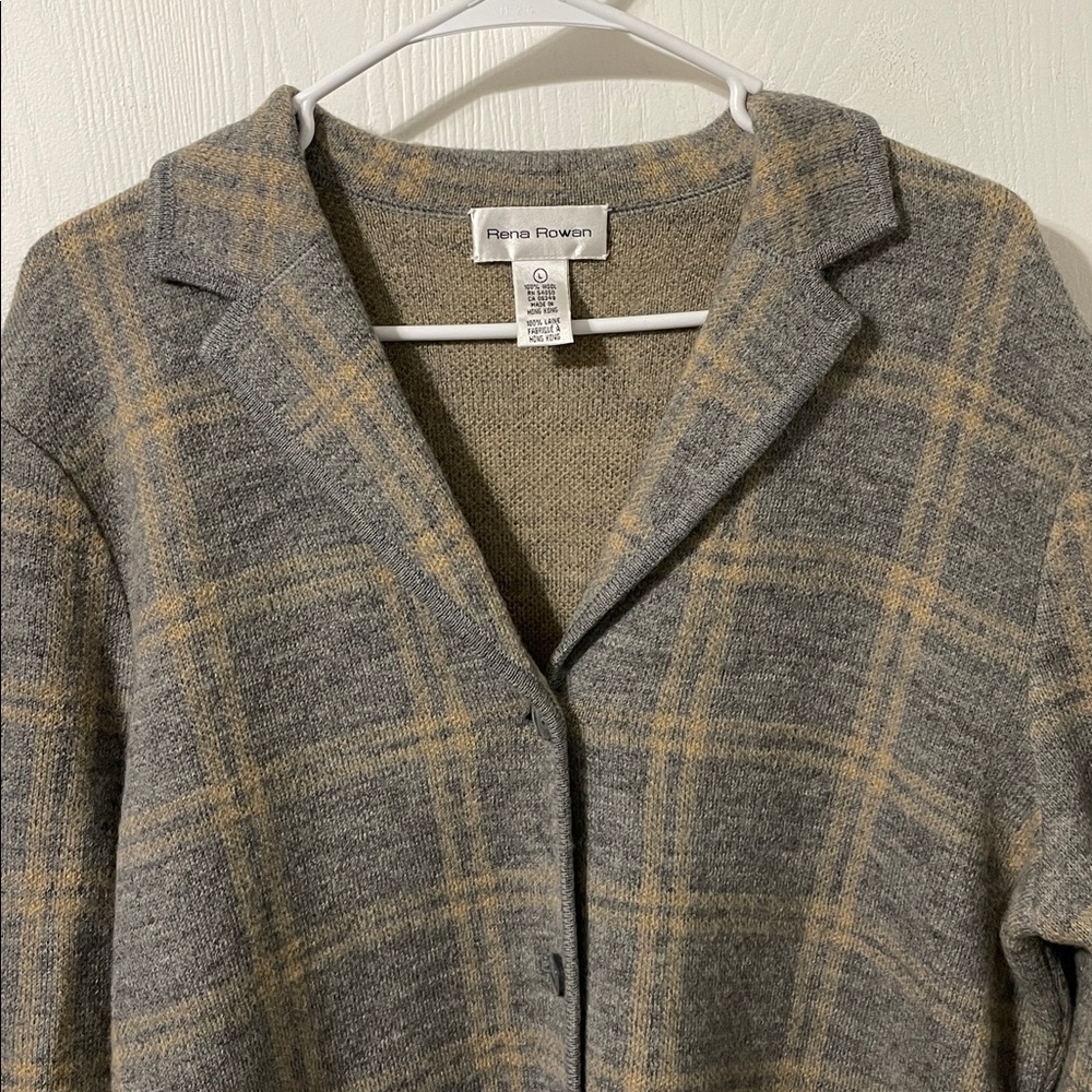 Rena Rowan Vintage 100% Wool Plaid Sweater Jacket Button Down Tan & Gray Large - Picture 3 of 9